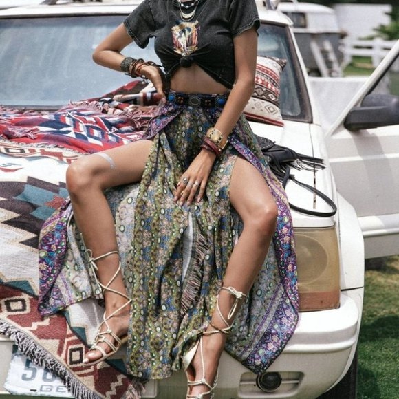 . Pants - Coachella Festival Boho Floral Print Wrap Wide Leg Pants Without Belt